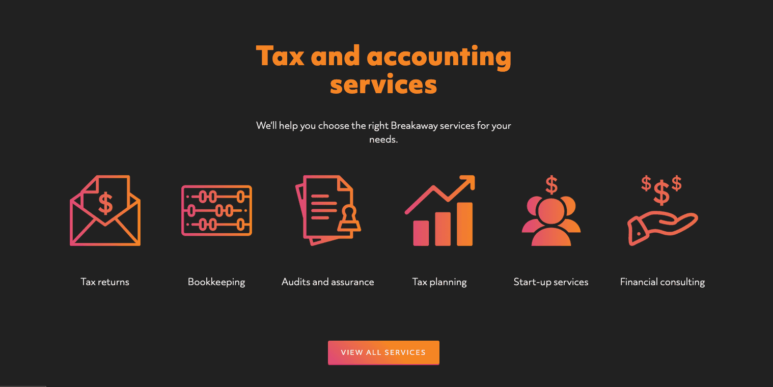 A screenshot of the Breakaway Accounting website